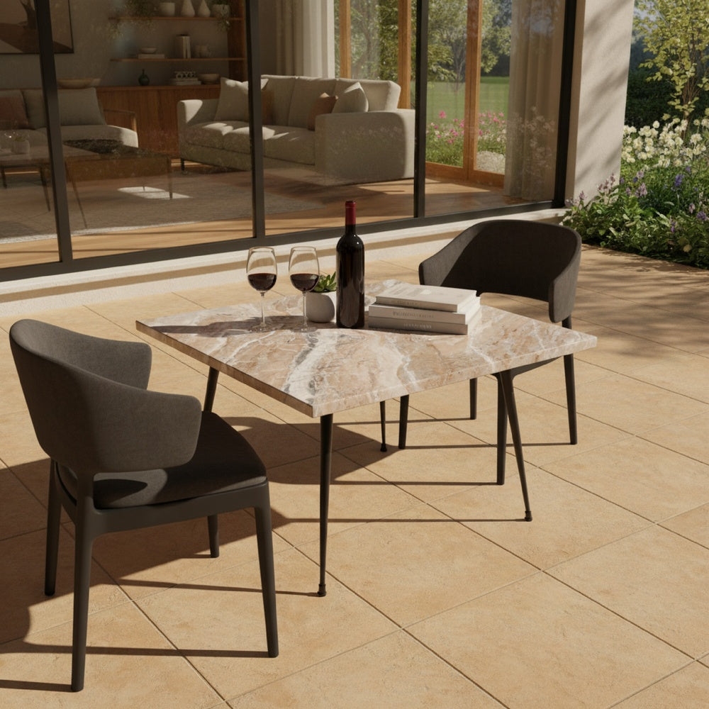 Taro Coffee Table | 24 Inch Square Taupe Brown Real Marble Top | Black Metal Legs By The Urban Port