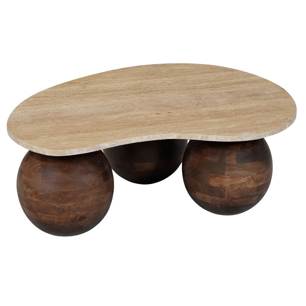 Resh Accent Coffee Table Curved Natural Travertine Top Round 3 Balls Wood Base By The Urban Port UPT-336139