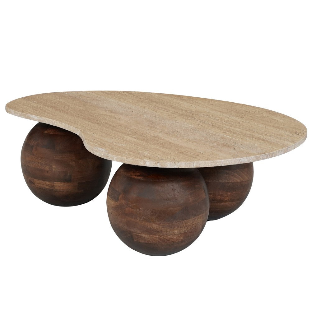 Resh Accent Coffee Table Curved Natural Travertine Top Round 3 Balls Wood Base By The Urban Port UPT-336139