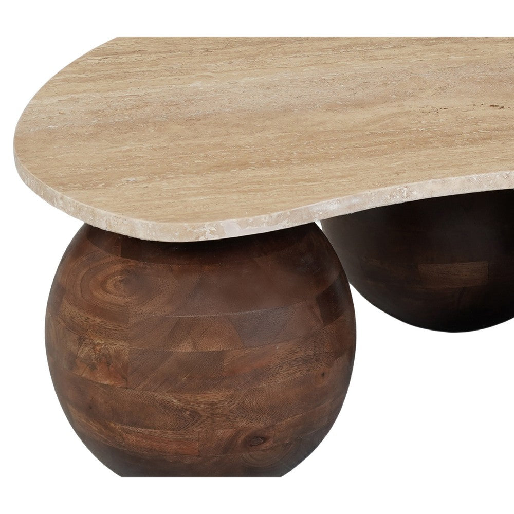 Resh Accent Coffee Table Curved Natural Travertine Top Round 3 Balls Wood Base By The Urban Port UPT-336139
