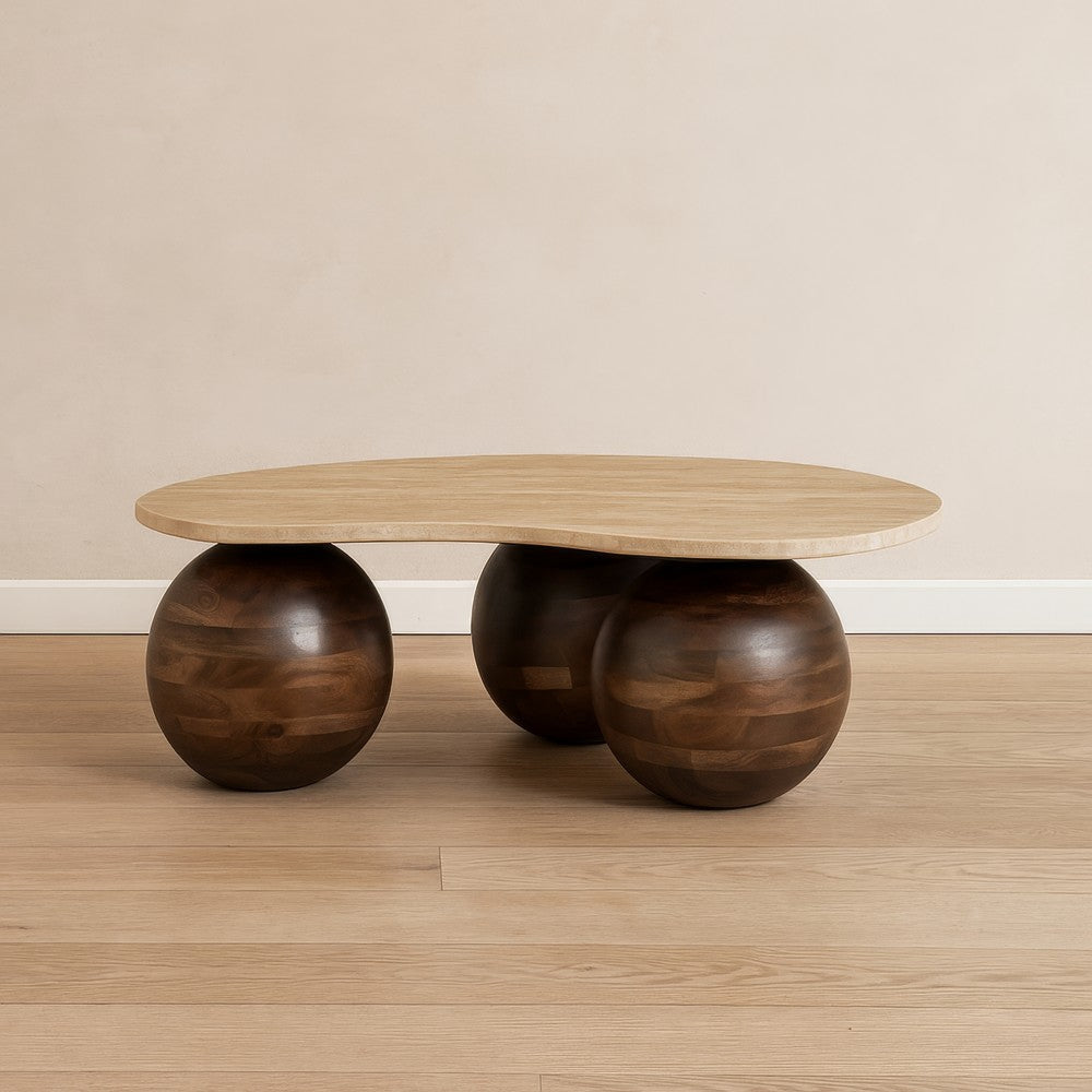 Resh Accent Coffee Table Curved Natural Travertine Top Round 3 Balls Wood Base By The Urban Port UPT-336139