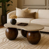 Resh Accent Coffee Table Curved Natural Travertine Top Round 3 Balls Wood Base By The Urban Port UPT-336139