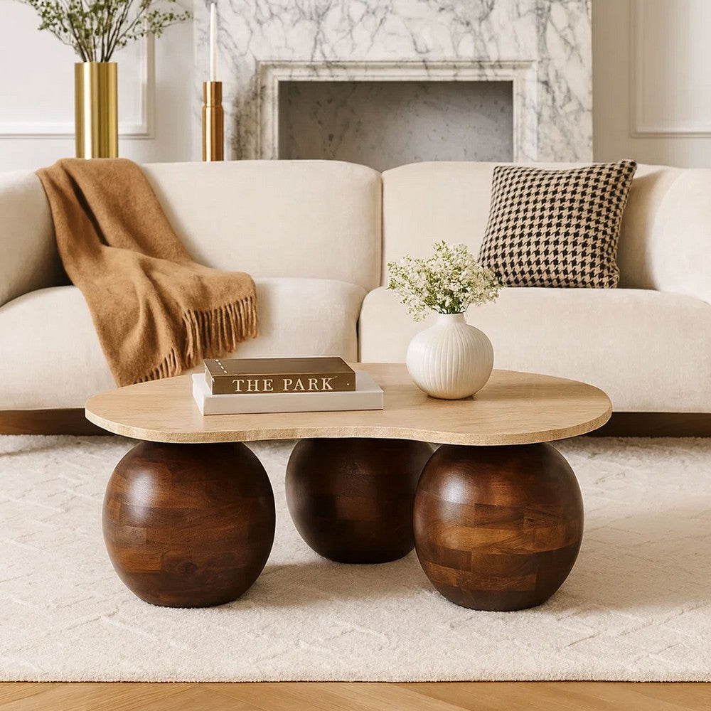 Resh Accent Coffee Table Curved Natural Travertine Top Round 3 Balls Wood Base By The Urban Port UPT-336139