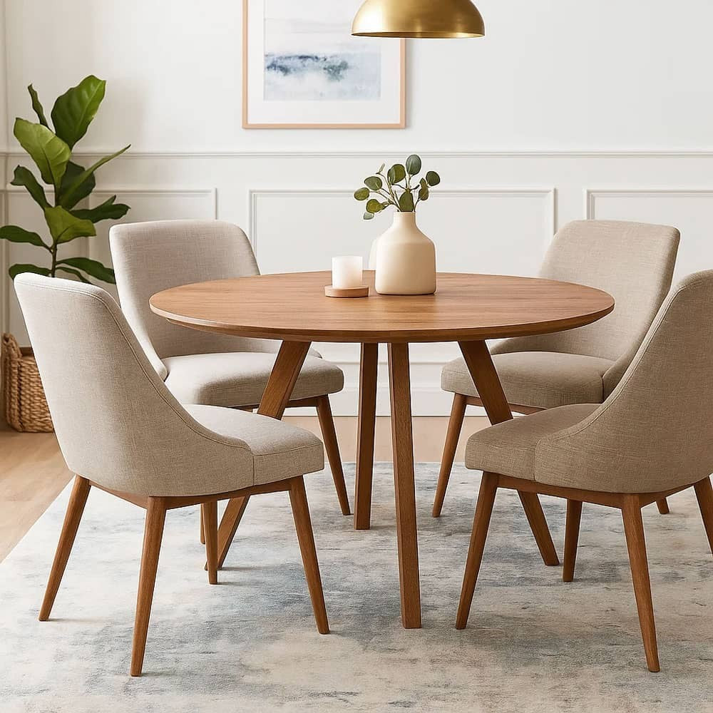 Temi Dining Table | 47" Round Top | Handmade Natural Brown Mango Wood | Angled Four Legged Base By The Urban Port