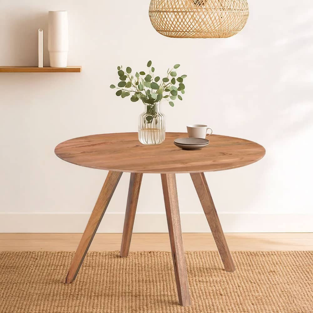 Temi Dining Table | 47" Round Top | Handmade Natural Brown Mango Wood | Angled Four Legged Base By The Urban Port
