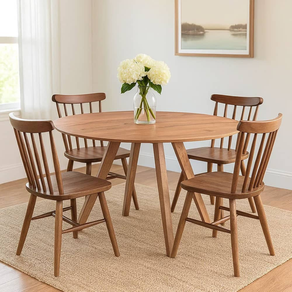 Temi Dining Table | 47" Round Top | Handmade Natural Brown Mango Wood | Angled Four Legged Base By The Urban Port