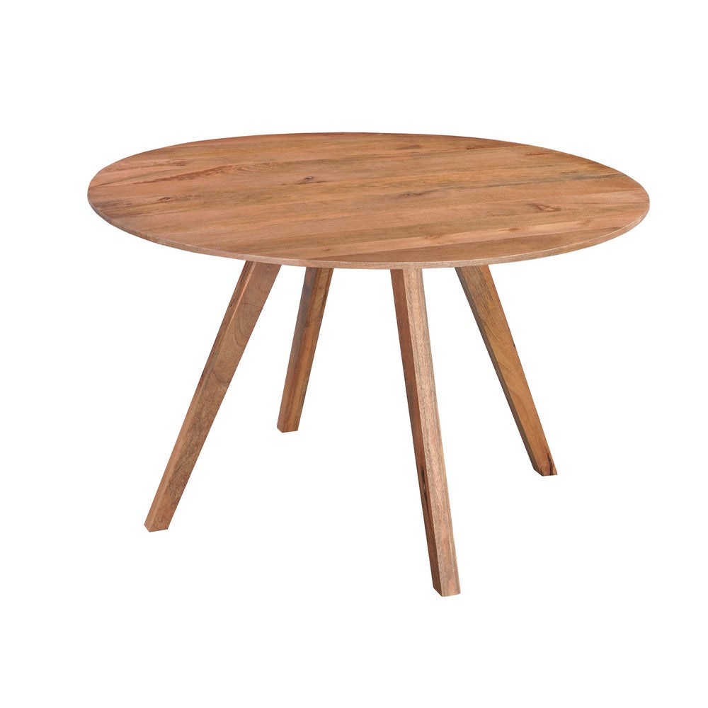 Temi Dining Table | 47" Round Top | Handmade Natural Brown Mango Wood | Angled Four Legged Base By The Urban Port