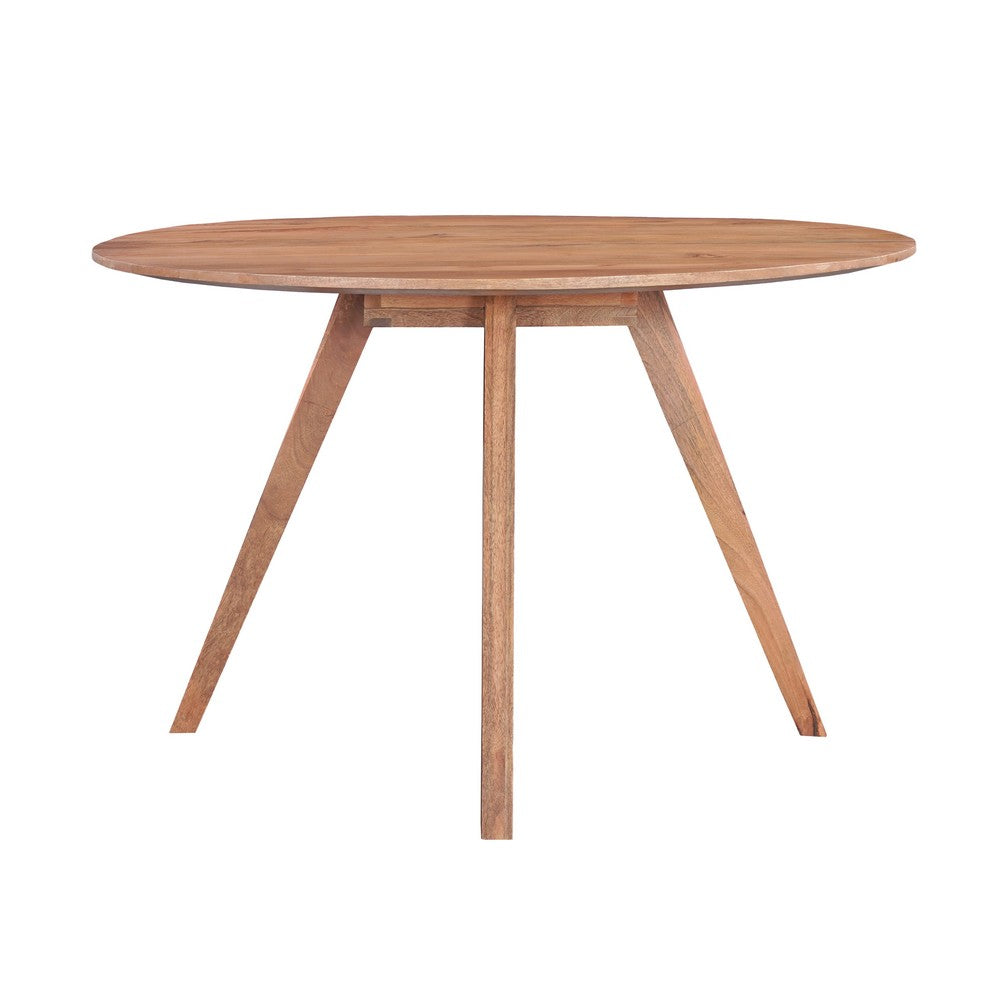 Temi Dining Table | 47" Round Top | Handmade Natural Brown Mango Wood | Angled Four Legged Base By The Urban Port