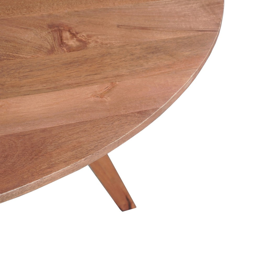 Temi Dining Table | 47" Round Top | Handmade Natural Brown Mango Wood | Angled Four Legged Base By The Urban Port
