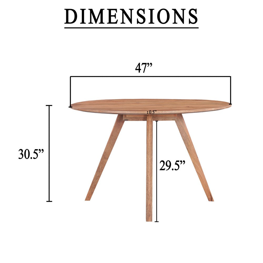 Temi Dining Table | 47" Round Top | Handmade Natural Brown Mango Wood | Angled Four Legged Base By The Urban Port