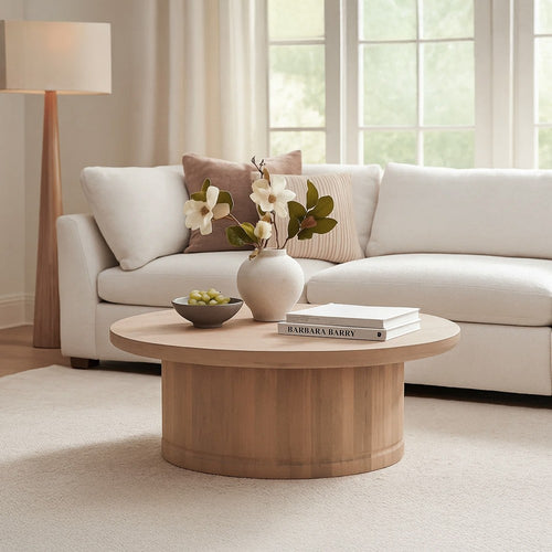 Bela Coffee Table | 47 Inch Round Top | Handcrafted Beige Mango Wood Pedestal Base By The Urban Port
