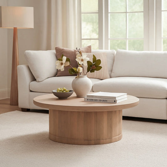 Bela Coffee Table | 47 Inch Round Top | Handcrafted Beige Mango Wood Pedestal Base By The Urban Port