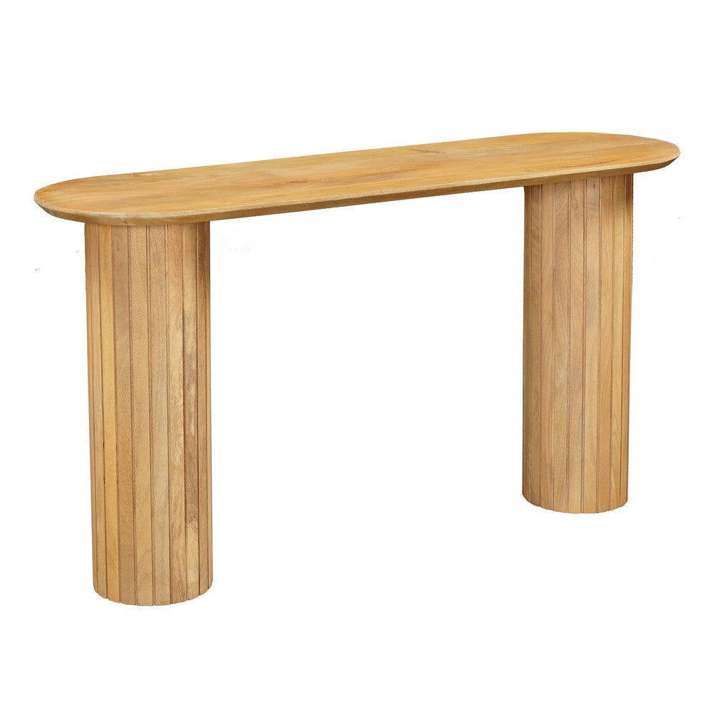 Cleo 54 Inch Sofa Console Table, Rounded Corners, Ribbed Pillar Legs, Oak Finish Mango Wood By The Urban Port