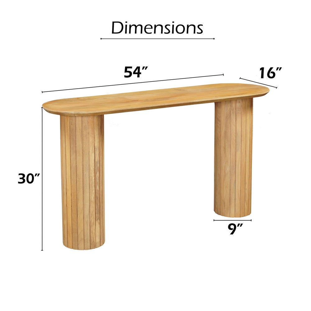 Cleo 54 Inch Sofa Console Table, Rounded Corners, Ribbed Pillar Legs, Oak Finish Mango Wood By The Urban Port
