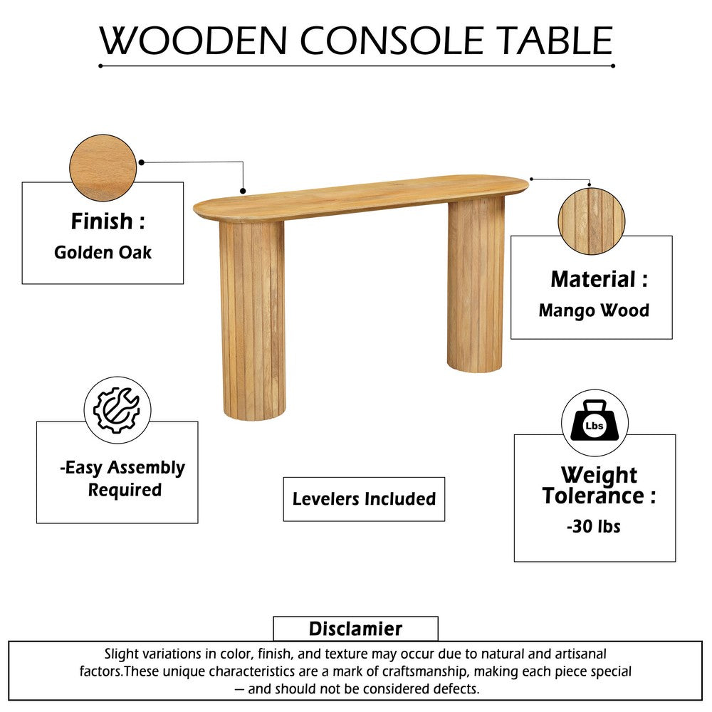 Cleo 54 Inch Sofa Console Table, Rounded Corners, Ribbed Pillar Legs, Oak Finish Mango Wood By The Urban Port