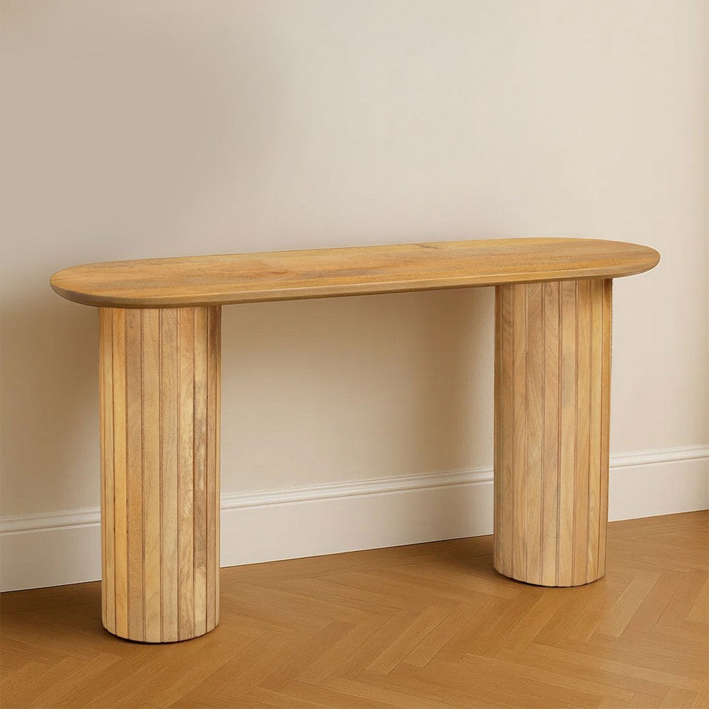 Cleo 54 Inch Sofa Console Table, Rounded Corners, Ribbed Pillar Legs, Oak Finish Mango Wood By The Urban Port