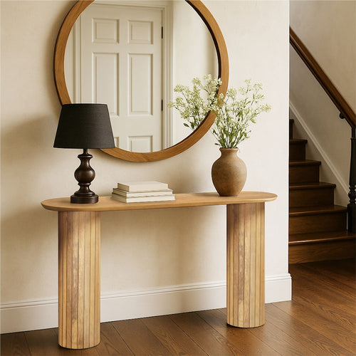 Cleo 54 Inch Sofa Console Table, Rounded Corners, Ribbed Pillar Legs, Golden Oak Brown Mango Wood By The Urban Port