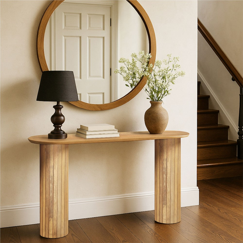 Cleo 54 Inch Sofa Console Table, Rounded Corners, Ribbed Pillar Legs, Oak Finish Mango Wood By The Urban Port