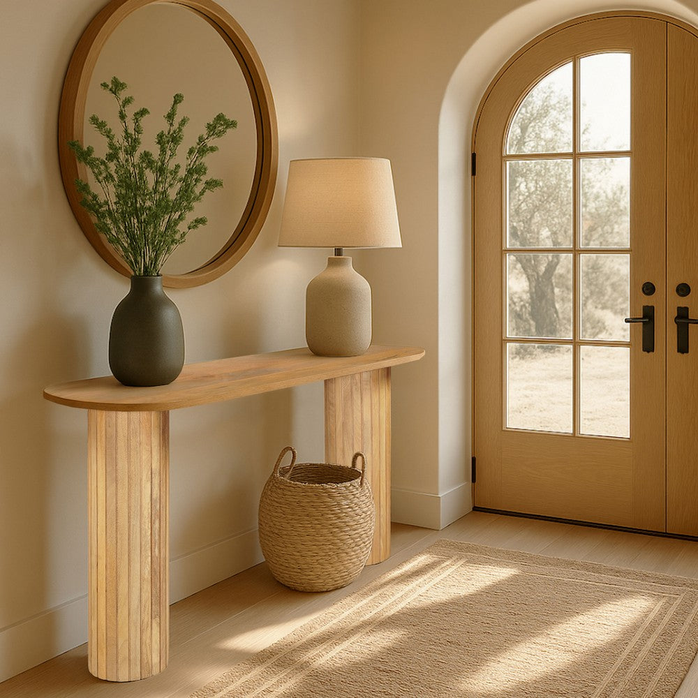 Cleo 54 Inch Sofa Console Table, Rounded Corners, Ribbed Pillar Legs, Oak Finish Mango Wood By The Urban Port