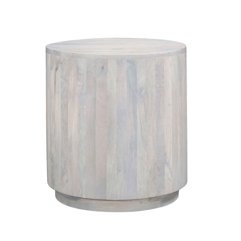 Febe Side End Accent Table, 20 Inch Round Top, Cylindrical Plinth Base, Oak White Mango Wood By The Urban Port