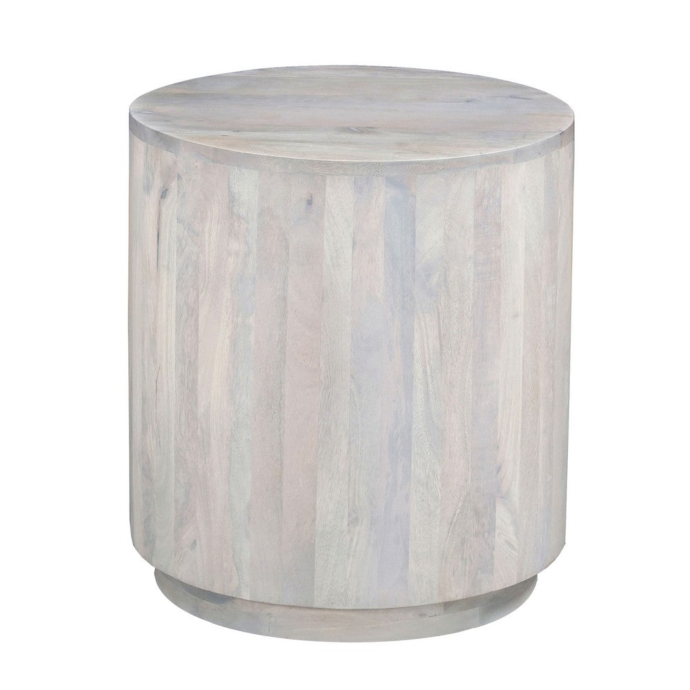 Febe Side End Accent Table, 20 Inch Round Top, Cylindrical Plinth Base, Oak White Mango Wood By The Urban Port