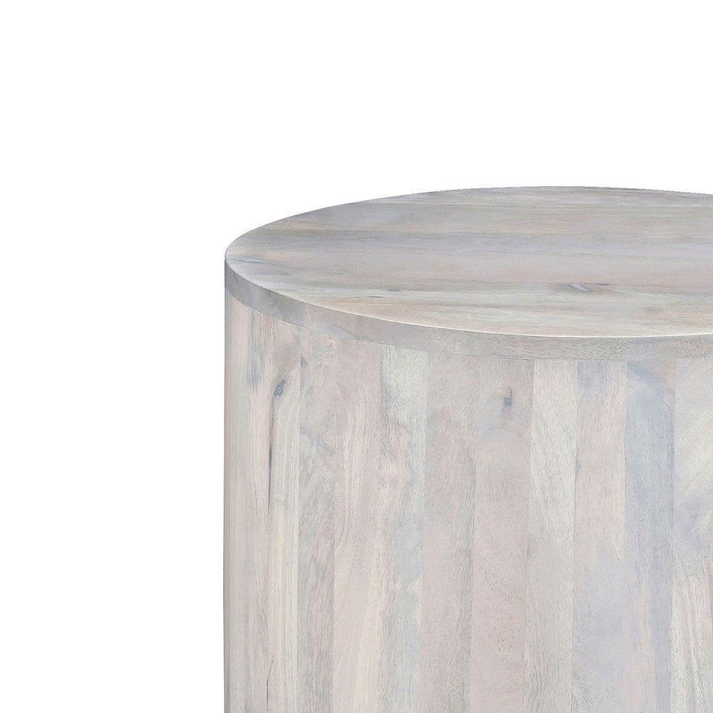 Febe Side End Accent Table, 20 Inch Round Top, Cylindrical Plinth Base, Oak White Mango Wood By The Urban Port