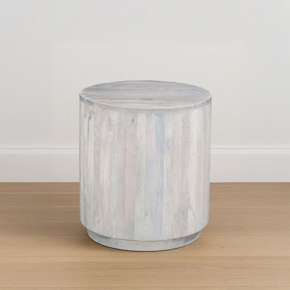 Febe Side End Accent Table, 20 Inch Round Top, Cylindrical Plinth Base, Oak White Mango Wood By The Urban Port