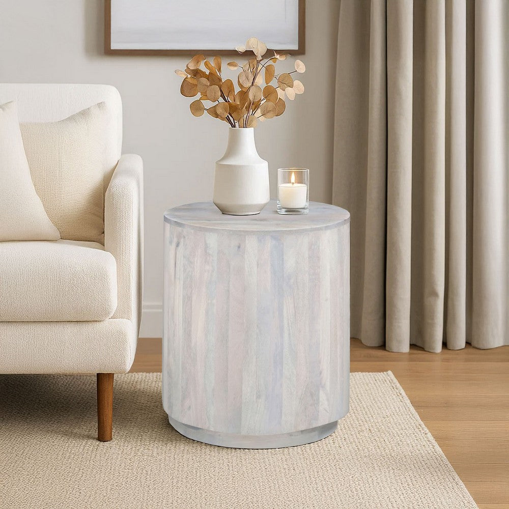 Febe Side End Accent Table, 20 Inch Round Top, Cylindrical Plinth Base, Oak White Mango Wood By The Urban Port