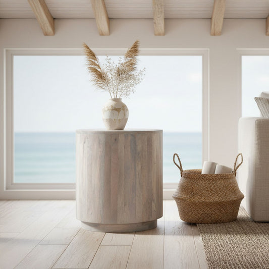 Febe Side End Accent Table, 20 Inch Round Top, Cylindrical Plinth Base, Oak White Mango Wood By The Urban Port