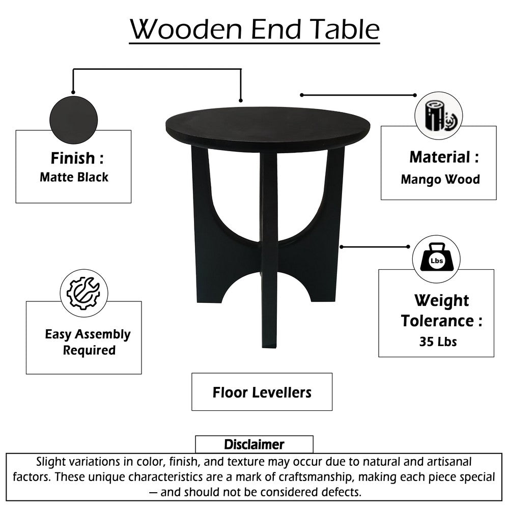 Sara Round Side End Table, 20 Inch Solid Mango Wood Top in Matte Black with Curved legs By The Urban Port