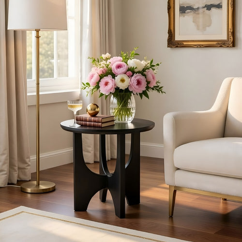 Sara Round Side End Table, 20 Inch Solid Mango Wood Top in Matte Black with Curved legs By The Urban Port