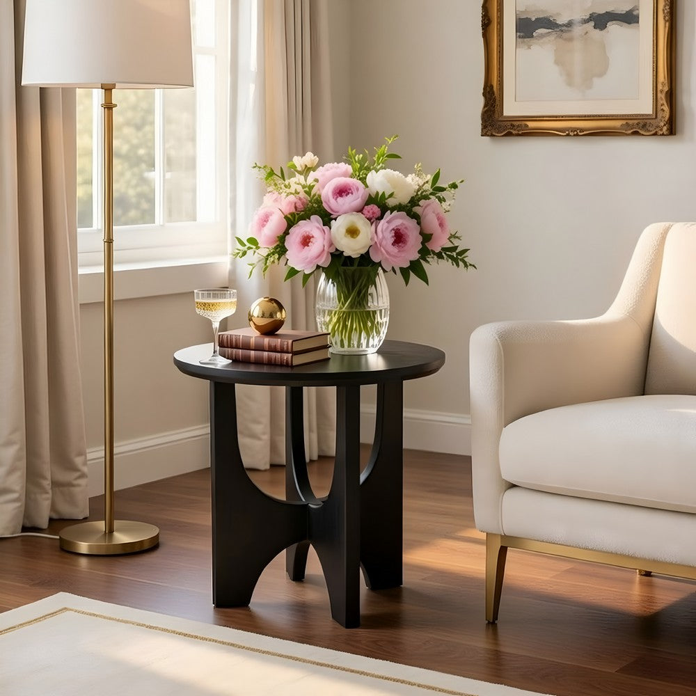 Sara Round Side End Table, 20 Inch Solid Mango Wood Top in Matte Black with Curved legs By The Urban Port