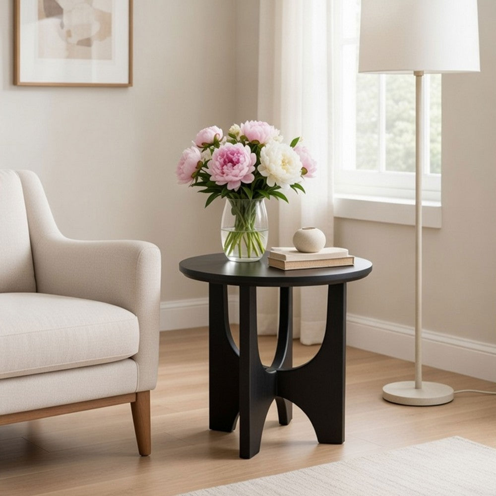 Sara Round Side End Table, 20 Inch Solid Mango Wood Top in Matte Black with Curved legs By The Urban Port