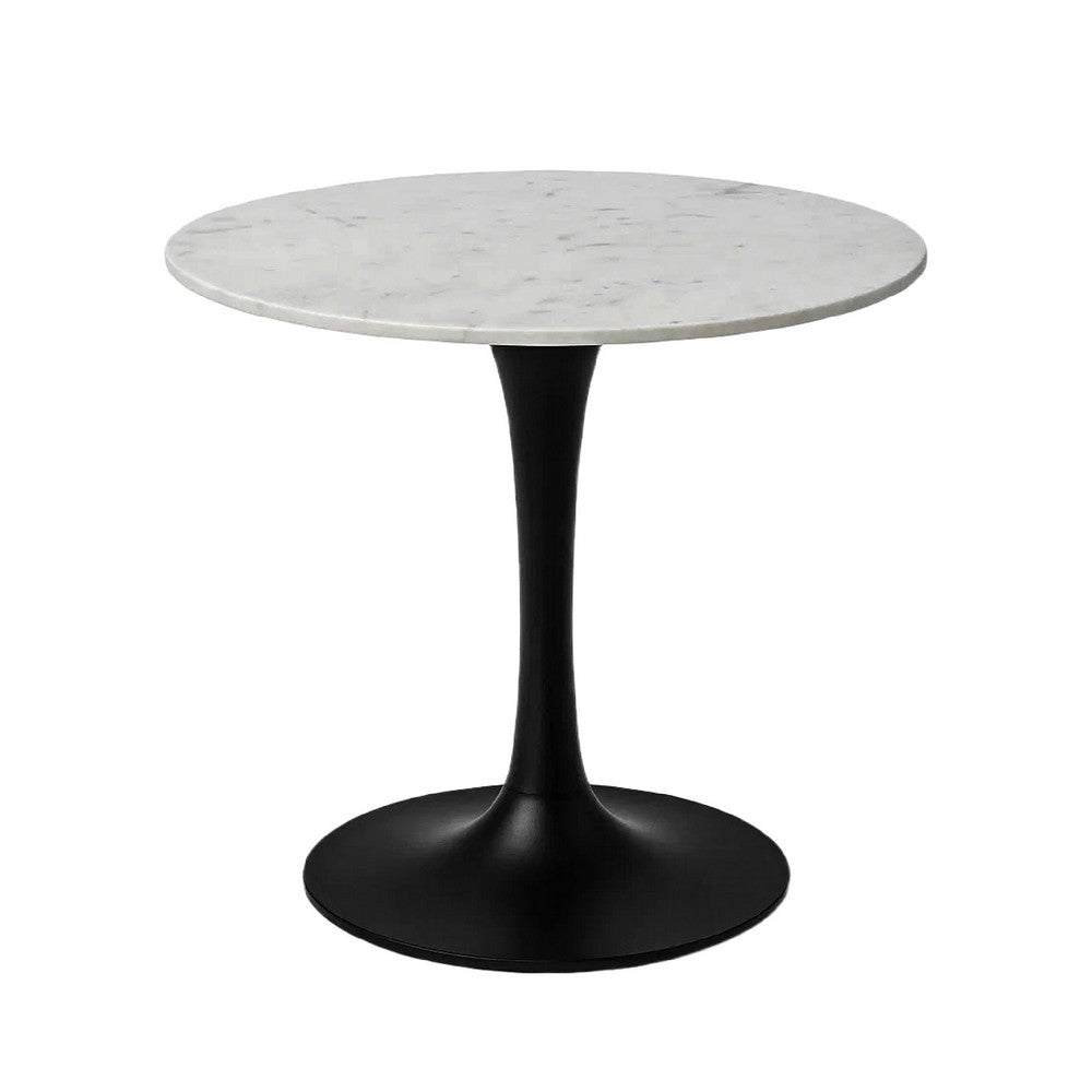 Mara Dining Table | 30 Inch Round White Genuine Marble Top | Black Metal Tulip Pedestal Base By The Urban Port