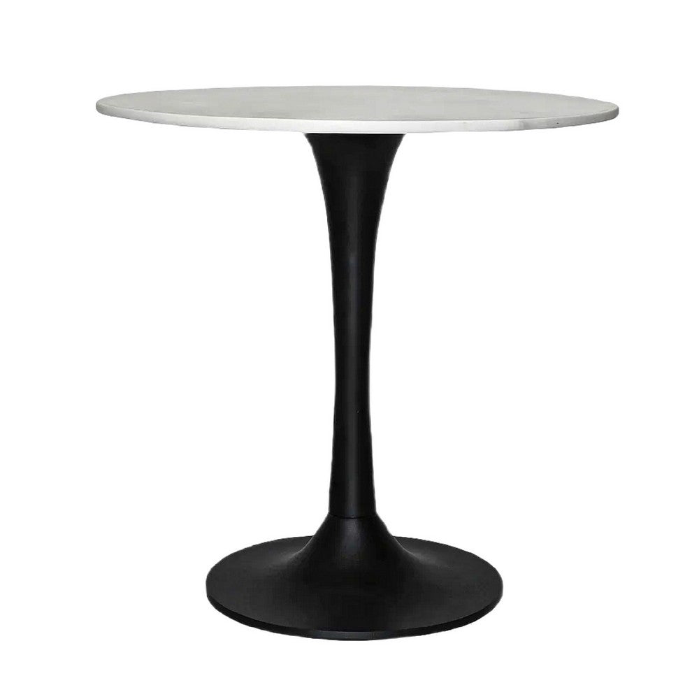 Mara Dining Table | 30 Inch Round White Genuine Marble Top | Black Metal Tulip Pedestal Base By The Urban Port