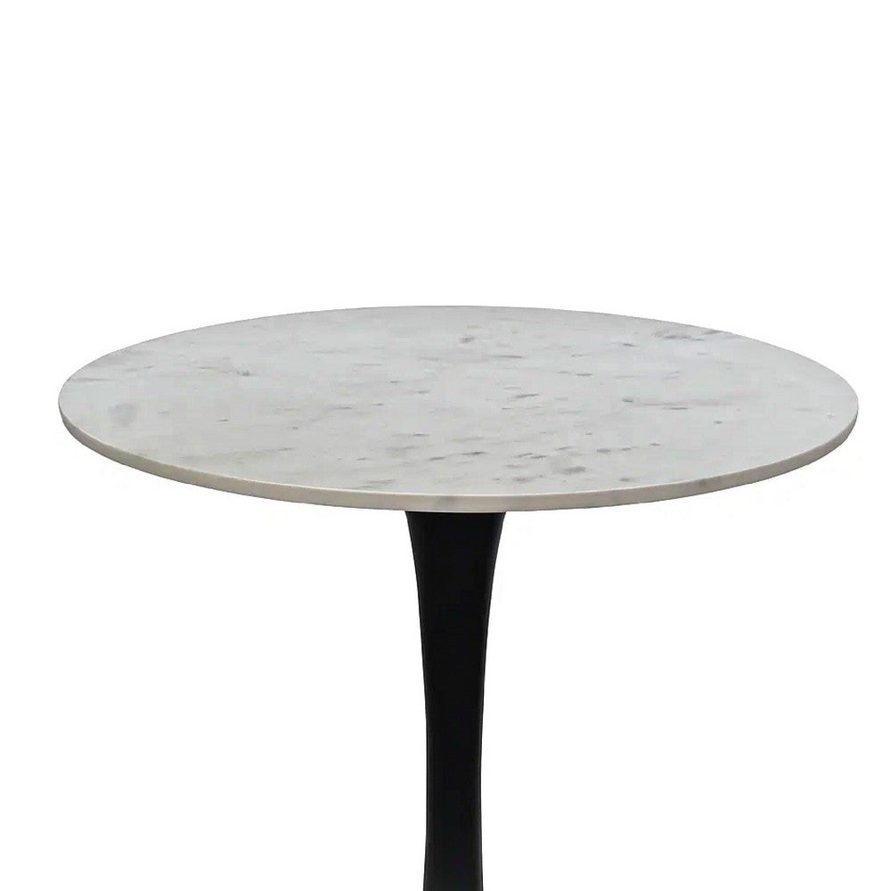 Mara Dining Table | 30 Inch Round White Genuine Marble Top | Black Metal Tulip Padestal Base By The Urban Port