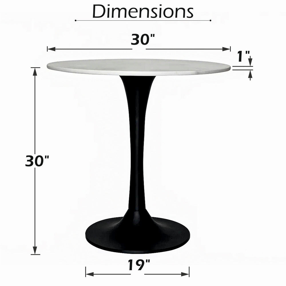 Mara Dining Table | 30 Inch Round White Genuine Marble Top | Black Metal Tulip Padestal Base By The Urban Port