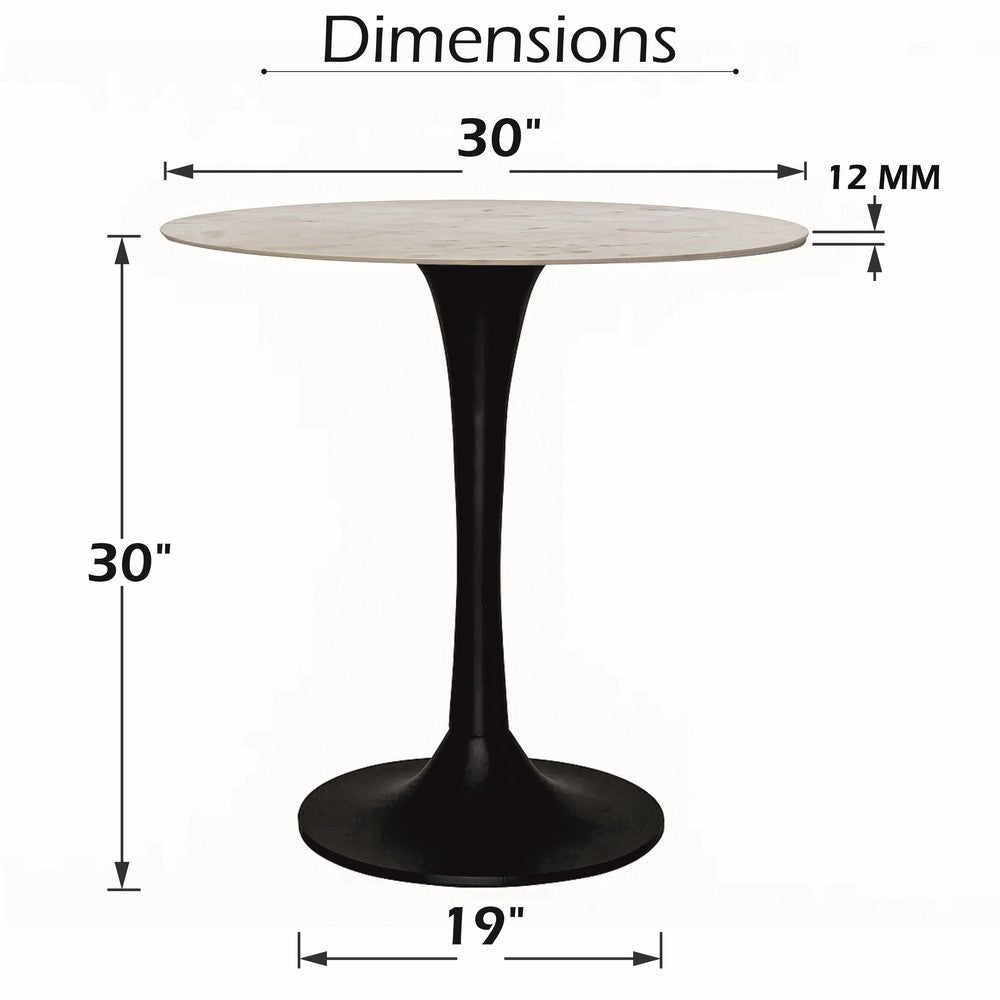 Mara Dining Table | 30 Inch Round White Genuine Marble Top | Black Metal Tulip Pedestal Base By The Urban Port
