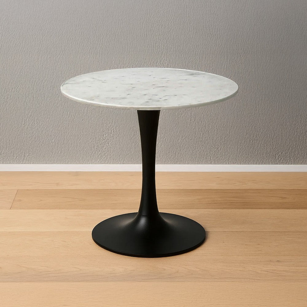 Mara Dining Table | 30 Inch Round White Genuine Marble Top | Black Metal Tulip Pedestal Base By The Urban Port