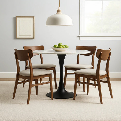 Mara Dining Table | 30 Inch Round White Genuine Marble Top | Black Metal Tulip Pedestal Base By The Urban Port