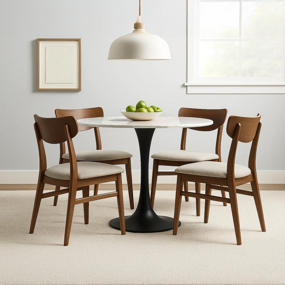 Mara Dining Table | 30 Inch Round White Genuine Marble Top | Black Metal Tulip Pedestal Base By The Urban Port