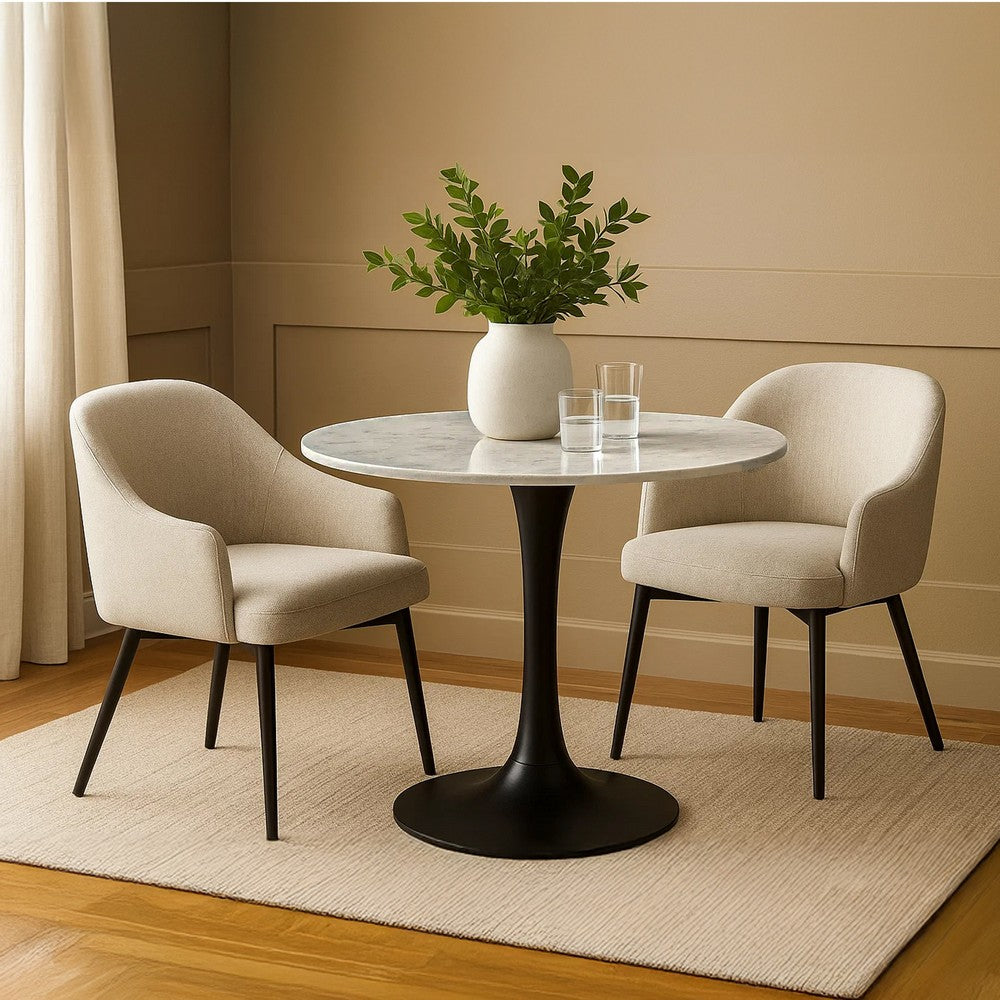 Mara Dining Table | 30 Inch Round White Genuine Marble Top | Black Metal Tulip Pedestal Base By The Urban Port