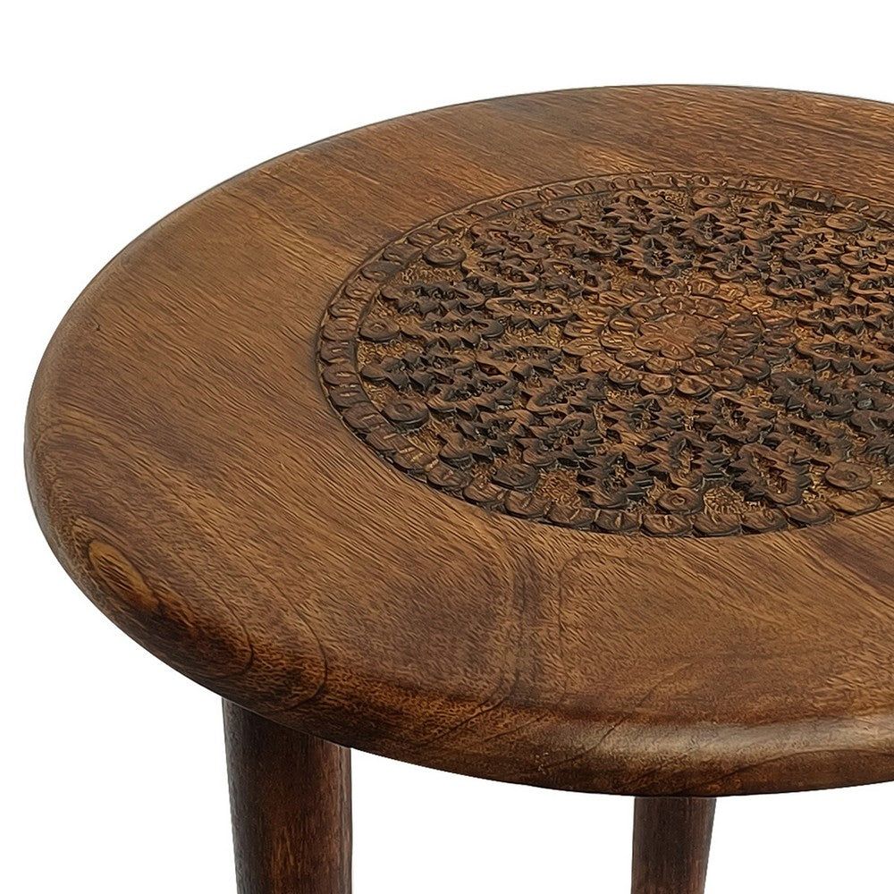 Ama Side End Table | 22 Inch Round Top | Indian Mandala Floral Carving | 3 Legs | Brown Mango Wood By The Urban Port