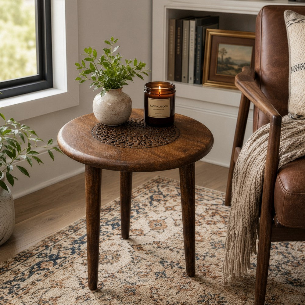 Ama Side End Table | 22 Inch Round Top | Indian Mandala Floral Carving | 3 Legs | Brown Mango Wood By The Urban Port