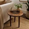 Ama Side End Table | 22 Inch Round Top | Indian Mandala Floral Carving | 3 Legs | Brown Mango Wood By The Urban Port