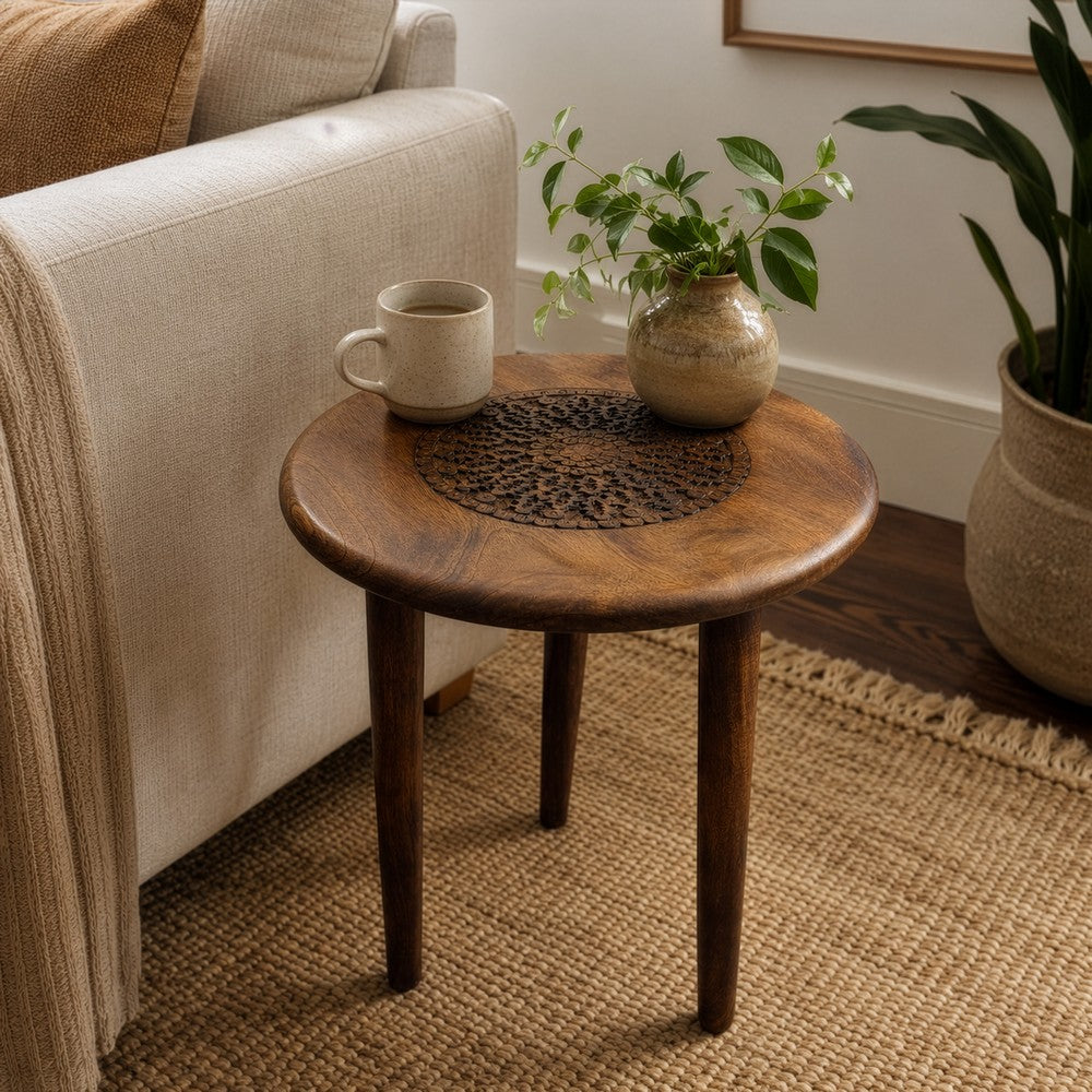 Ama Side End Table | 22 Inch Round Top | Indian Mandala Floral Carving | 3 Legs | Brown Mango Wood By The Urban Port