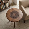 Ama Side End Table | 22 Inch Round Top | Indian Mandala Floral Carving | 3 Legs | Brown Mango Wood By The Urban Port