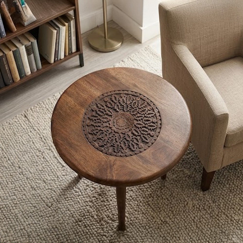 Ama Side End Table | 22 Inch Round Top | Indian Mandala Floral Carving | 3 Legs | Brown Mango Wood By The Urban Port