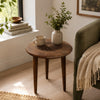 Ama Side End Table | 22 Inch Round Top | Indian Mandala Floral Carving | 3 Legs | Brown Mango Wood By The Urban Port