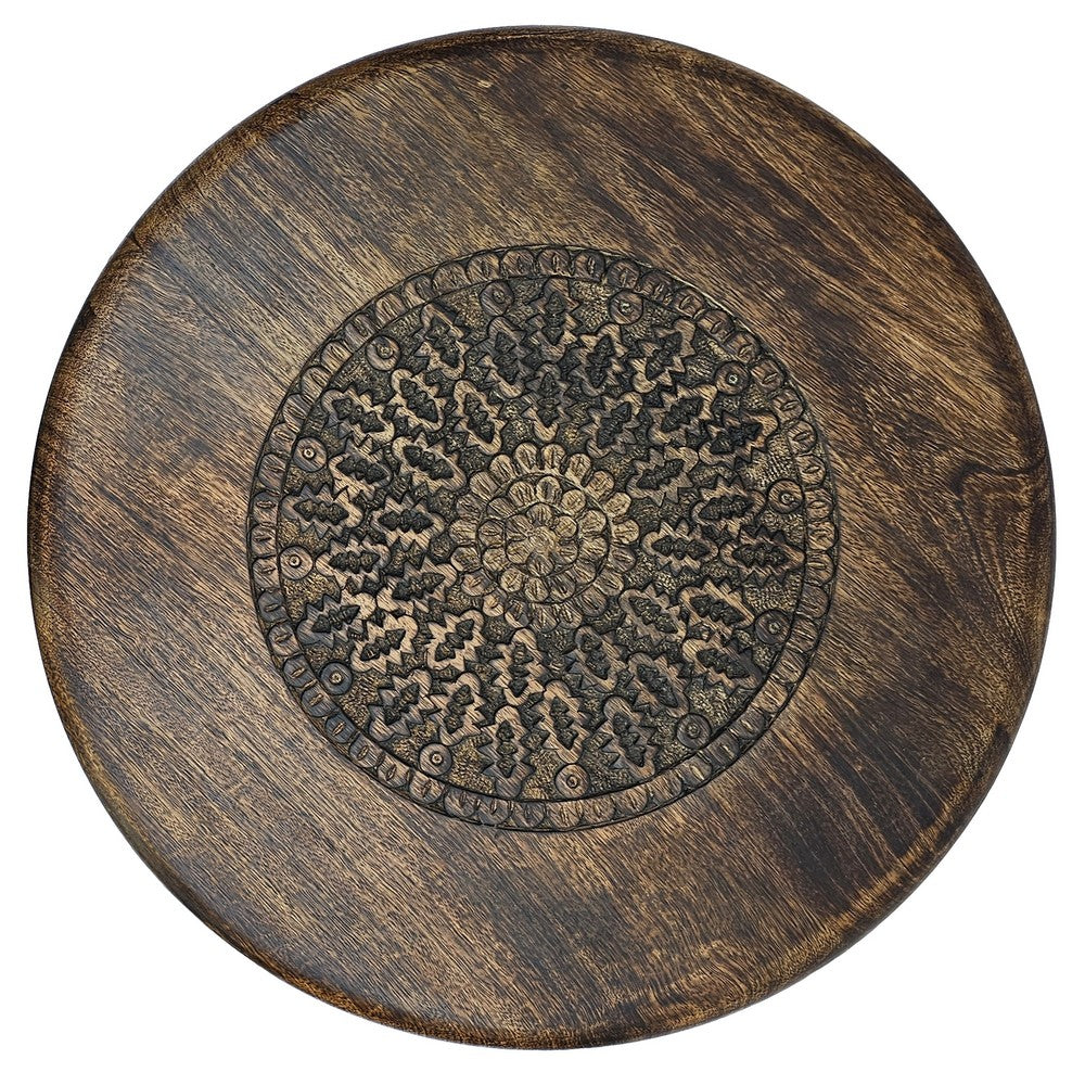 Ama Side End Table | 22 Inch Round Top | Indian Mandala Floral Carving | 3 Legs | Brown Mango Wood By The Urban Port
